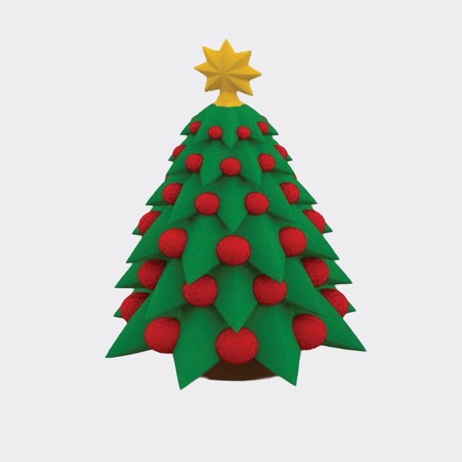 Bilde av et stort oppblåsbart juletre med røde julekuler og en gul stjerne på topp.