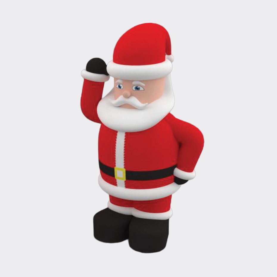 Bilde av en stor oppblåsbar julenisse med hvitt skjegg, rød jakke og rød lue.